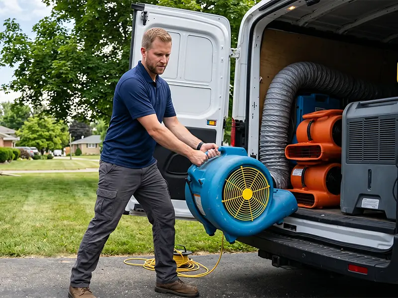 A. Andrews & Sons technician removing restoration equipment from truck